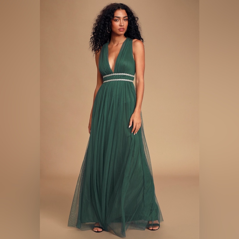 Lulus Delightful Occasion Emerald Green Beaded Tulle Maxi Dress